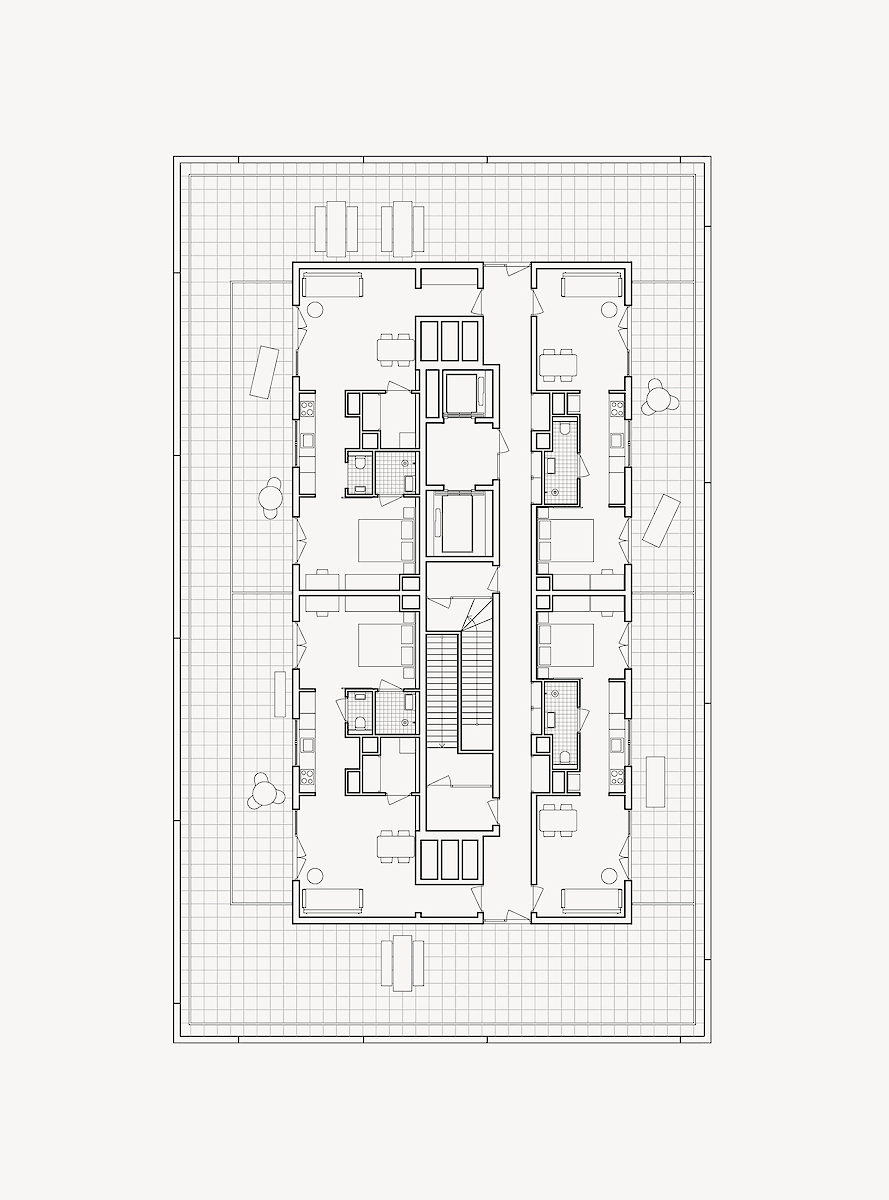 Plattegrond<br>bovenste verdieping met penthouses