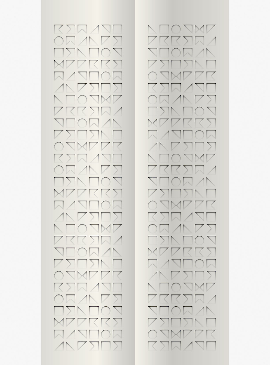 Textuur als blinddruk van abstracte letters (ontwerp Reynoud Homan en Martijn de Wilde)
